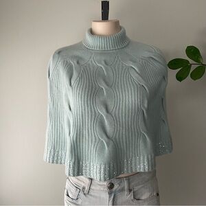 Lisli 100% Cashmere Turtleneck Knit Sweater Poncho Sequins Sky Blue Size Small
